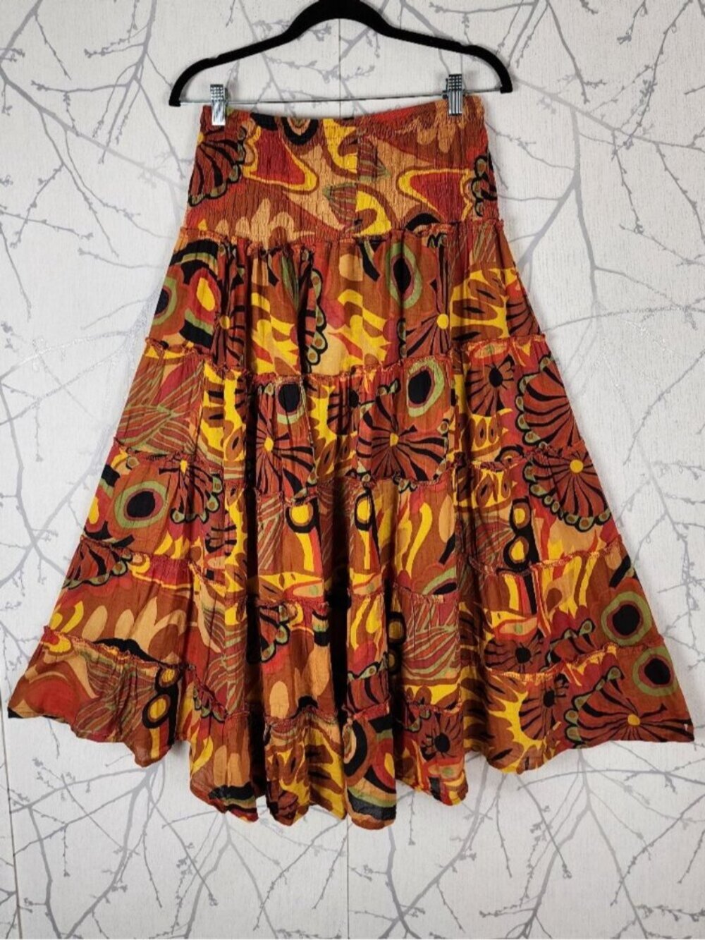 Colorful Abstract Floral Elastic Waist Flowy Tiered Midi Skirt
